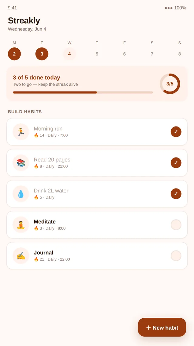 Streakly app home screen